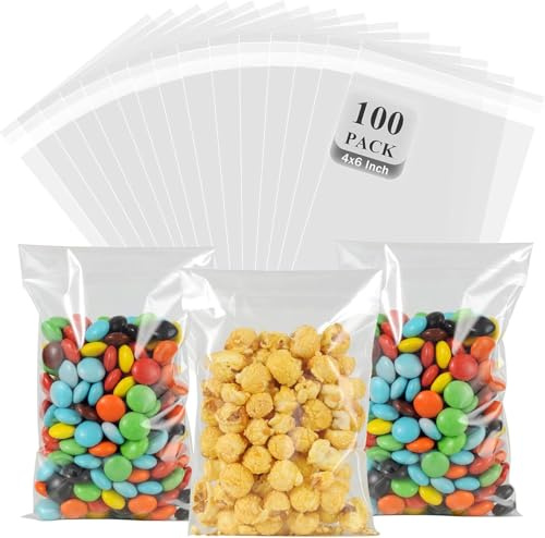 Clear Self-Adhesive Cellophane Bags, Food Safe, Small Size, for Cookies and Soap Packaging (4x6 Inches - Pack of 100)