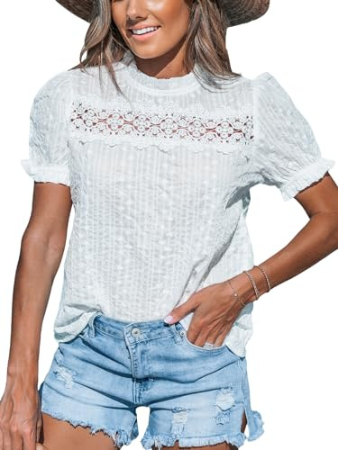 CUPSHE Blusa de encaje bordado con mangas abullonadas para mujer, cuello alto con volantes, camiseta de verano para mujer, blanco, L