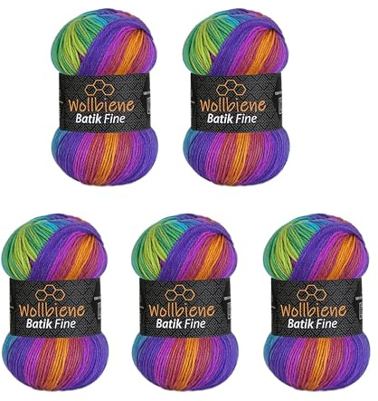 Wollbiene Batik Fine 1510 - Ovillos de lana para tejer (5 unidades, 100 g, 500 g), multicolor con degradado, multicolor