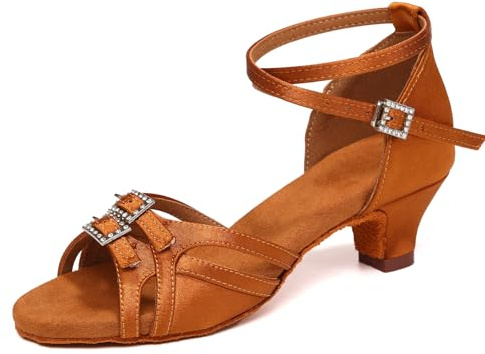 ZYXWVU Scarpe da Ballo Latino per Bambina Morbide e Comode Salsa Bachata Pratica Scarpe da Ballo Tacco Basso Marrone, 37.5 EU