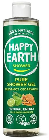 Happy Earth Gel Douche - Pour Hommes et Femmes - Gel Douche - 100% Ingrédients Naturels & Végan - Bergamot Cedarwood - 300 ML