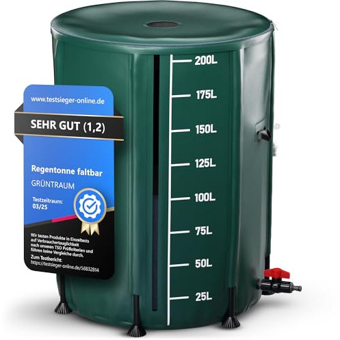 GRÜNTRAUM Regentonne faltbar 200 Liter – Regenwassertonne [mit innovativer Füllstandsanzeige & Auslaufhahn] Witterungsbeständig, Faltbarer Wassertank/Garten Regenfass