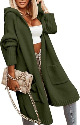 Tongmingyun Cardigan long à capuche pour femme - Cardigan d'hiver en tricot épais - Décontracté - Manteau en tricot ample - Élégant - Veste longue ouverte sur le devant, Vert armée., L