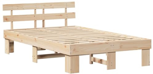 vidaXL Marco de Cama con cabecero 135X190 cm de Madera Maciza de Pino Acabado Natural diseño Moderno sin boxspring Necesario Base Resistente y Duradera Plataforma para Adultos. Madera Minimalista EU