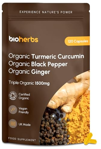 Organic Turmeric Capsules 1500mg with Black Pepper & Ginger | High Strength Turmeric Supplement by BioHerbs | 120 Capsules (2-Month Supply)