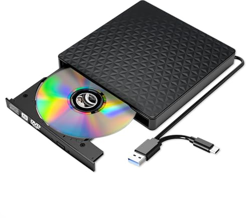 External CD DVD Drive, Ultra-Slim CD ROM Burner Reader Writer Drive Portable DVD Player, USB 3.0 and Type-C Optical, Compatible with Laptop Desktop PC Windows XP/7/8/10/11 MacBook Mac OS Linux