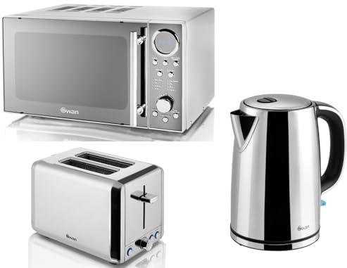 Swan Classic Polished Steel 1.7L Jug Kettle, 2 Slice Toaster and 800W LED Digital Microwave. Classic Stainless Steel Silver Matching Kitchen Set