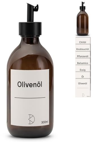 Koffs Design Ölflaschen zum Befüllen - Moderner Ölspender aus Braunglas mit Edelstahl Ausgießer – Spender für Öl, Essig und Balsamico - individuelle Aufkleber für deinen Inhalt - 300ml - mit Stickern
