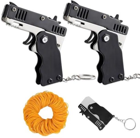 YUVKIN 2 pcs Mini Pistola Elastici in Metallo, Pieghevole, 6 Colpi con Portachiavi e 120 Elastici, Portachiavi Metallico per Attività all'Aperto per Bambini