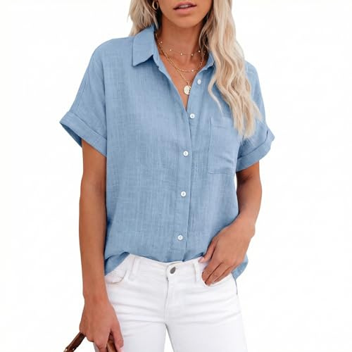 Zidoley Blusa de lino para mujer, blusa de verano de gasa de algodón y lino, camisa larga de manga corta, azul celeste, XL