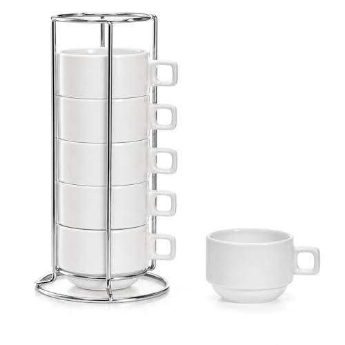 HOMEA Set 6 Bicchieri Caffè Espresso con Supporto Verticale in Metallo, Tazzine per Espresso 10cl in Ceramica Bianca Impilabili, Salvaspazio per Cucina e Coffee Station, Design Moderno Elegante