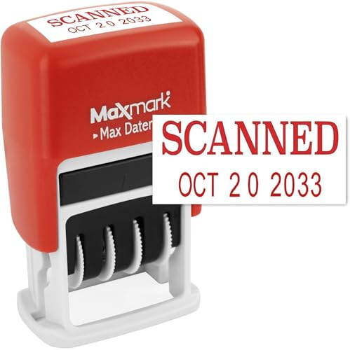 MaxMark Self-Inking Rubber Date Office Stamp with Scanned Phrase & Date - RED Ink (Max Dater II), 12-Year Band