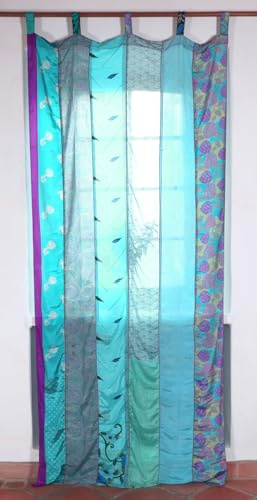 Guru-Shop Tenda (1 Pz.) Tenda Patchwork Tessuto Saree, Unico - Turchese, Blu, Sintetico, 240x100 cm, Tende e Tendaggi