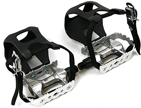 Silberne Fahrrad Pedale mit Pedalhaken 9/16 Zoll Gewinde Pedalkäfig für SingleSpeed Fixy Retro Rennrad Bike Vintage - Kunststoffhaken und einfachem Nylonriemen