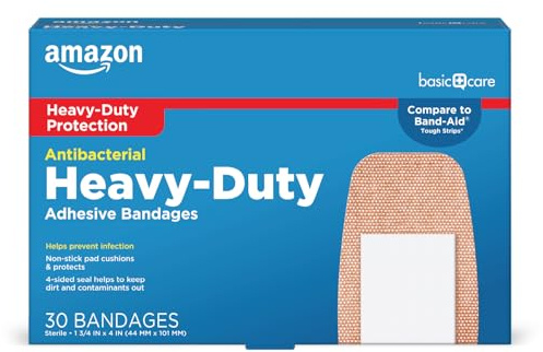 Amazon Basic Care Heavy Fabric Adhesive Bandages, Strong Adhesion, Large Tough & Flexible Non-Stick Pad Cushion, 1.75 x 4 in, 30 Count