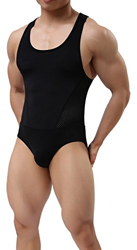 TESOON Men's Soft Smooth Freestyle Wrestling Singlet Bodysuit Underwear Black, Large