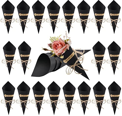 WANDIC Kraft Paper Cones, 50 Pcs Black Wedding Confetti Cones Bouquet Petals Candy Bags Boxes Flower Holder With Hemp Ropes Label Stickers Tape
