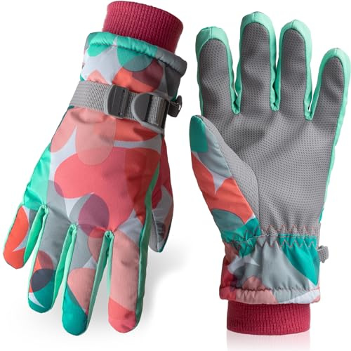 Vagasi Skihandschuhe Kinder Schneehandschuhe Mädchen Fleece Winterhandschuhe wasserdichte Winddichte Handschuhe für Jungen im Outdoor-Sport Winter Sport Snowboard, Farbige Herzen, M
