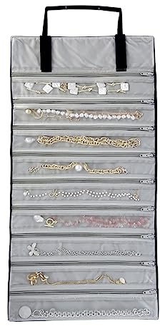 UnionPlus Velvet Jewelry Roll Organizer, 9/11 Grids – Travel Jewelry Case with Zippered Compartments for Necklaces – Compact Portable Jewelry Storage, Black/Grey