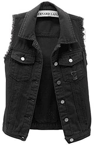 loveimgs Women's Fashion Sleeveless Regular Fit Lightweight Button Front Candy Color Ripped Denim Vest Jacket Pockets, Black, M
