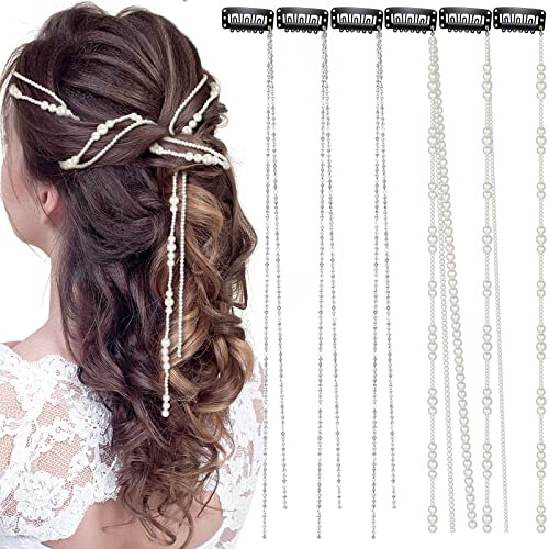 Chunyin 6 Pcs Rhinestone Hair Chains for Women Pearl Charm Rhinestone Hair Jewelry Accessories Crystal Extensions Clips Silver Gold Pins for Braids(Mixed Pearls)