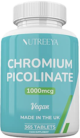 Chromium Picolinate 1000mcg - 1 Year Supply 365 Vegan Tablets High Strength Chromium Supplement UK Manufactured.
