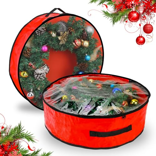 2 Pacchi Borsa Portaoggetti per Ghirlande Natalizie - 30 Pollici, Contenitore di Corona Con Cerniera e Maniglie per il Trasporto Contenitore Impermeabile Resistente Resistente alla Polvere, Rosso