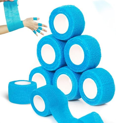 Fingerpflaster Selbsthaftend Selbstklebender Verband - 8 Bandagen Rollen (2.5cm x 4,5m), Elastische Bandage Pflaster wasserfest & Staubabweisendes Verbandsmaterial, Haftbandage selbstklebend blau