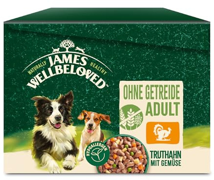 James WELLBELOVED 12 x 90g Hund Portionsbeutel Nassfutter ohne Getreide, Truthahn & Gemüse in Sauce
