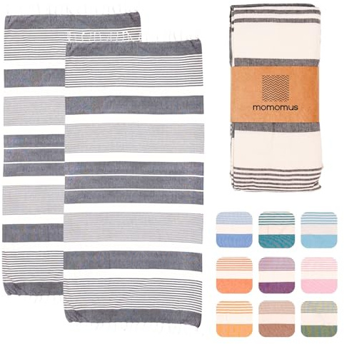 MOMOMUS Lot de 2 Foutas de Plage XL ou Grandes Serviettes de Plage en Coton - Absorbantes, Compactes, Légères - Grands Draps de Bain pour Sauna, Spa et Hammam - Gris, 90x180cm