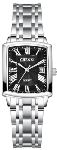 Silverora Uhren Damen Edelstahl Rechteckig: 3ATM Wasserdicht Datum Kalender Analoge Quarz Damenuhren Verstellbar Edelstahlarmband Uhr mit Römische Ziffernskala Geschenke für Frauen Schwarz