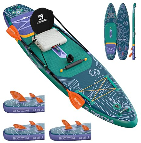 iTAOSTAR Adventure 12' × 35 Inflatable Stand Up Paddle Board with Seat, Extra Wide SUP Board with 5 Fins Stable Design for Familly, Youth, All Skill Levels, Lakes, Oceans & Fishing