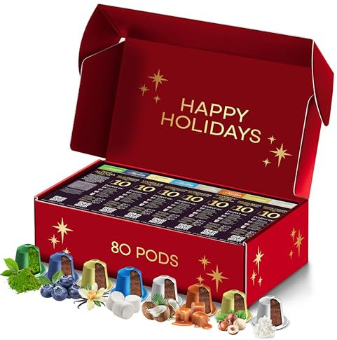 La Natura Lifestyle Coffret Saveurs, 80 capsules de café et de thé compatibles avec les machines Nespresso, myrtille, caramel miel, café irlandais, guimauve, noisette, vanile, noix de coco, thé matcha