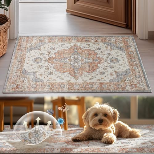 TOPICK Alfombra para salón, lavable, pelo corto, retro, 120 x 180 cm, color rojo ladrillo, oriental, antibacteriana, plegable, suave, antideslizante, para dormitorio, habitación infantil, salón