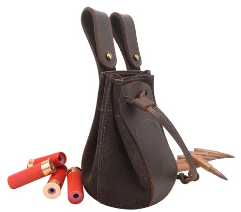 Tas Trost Durable Leather Drawstring Cartridge Bag, Carrier Ammo Pouch Shotshell Storage Attached Belt Waist (Coffee)