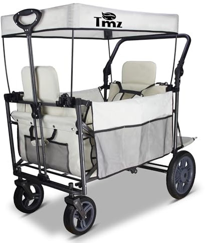TMZ Folding Wagon Featuring 2 Seats, Folding Handcart trolley with Removable Canopy, Collapsible Garden Wagon with Brake for Festival Shopping Camping Picnic (Beige)