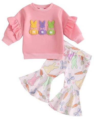 Easter Outfit Toddler Girl Bunny Embroidery Ruffle Sweatshirt Cartoon Rabbit Bows Flared Pants Bell Bottoms 2Pcs Spring Clothes (Pink, 3-4 Years)