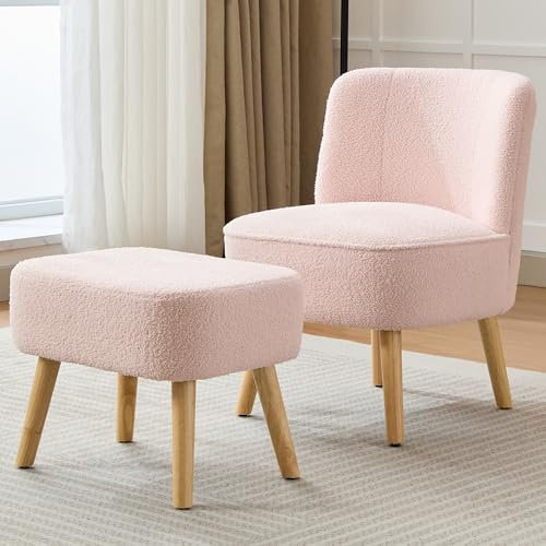 ModernLuxe Loungesessel mit Hocker, Teddy-Samt Sessel ohne Armlehnen, ergonomischer Polstersessel mit Massivholzbeinen, bequemer Relaxsessel für Wohnzimmer, Schlafzimmer & Wohnung Rosa