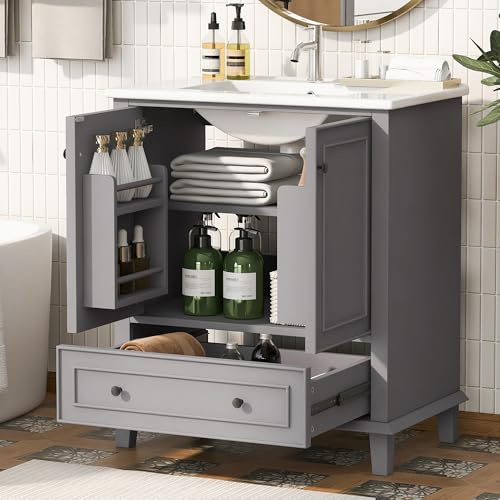 Kebnor 76 x 46 x 87 cm. Armario de baño de pie con lavabo, patas de madera maciza, material MDF, resistente a la humedad y al agua, gran espacio de almacenamiento