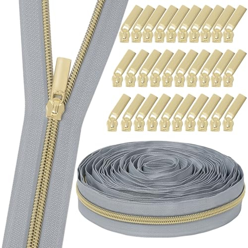 GUBOCA 9 m dragkedja, sydd oändlig dragkedja med dragkedja, med 30 stycken dragkedjor, tillbehör för väskdekoration (guld, grå)