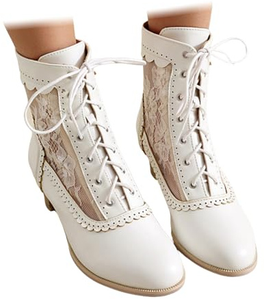 Traditionella oktoberfestskor för kvinnor bayersk tysk dirndl danssko korta stövlar blockklack festskor med halvtransparent spetsnät, Vitt, 40 EU