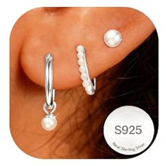 AVOTTO 3 Pair 925 Sterling Silver Stud Hoop Earrings for Women Hypoallergenic Silver Small Pearl Stud Hoop Drop HUggie Earrings Stacks Jewellry Gifts
