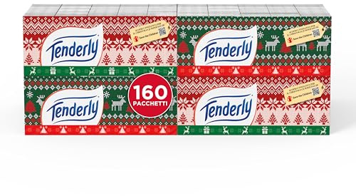Tenderly Fazzoletti Natale 4 veli, 16 Confezioni da 10 Pacchetti assortiti, Scatola Assortita con 2 Varianti di stecca, Pacchettini con decoro assortito a tema natalizio.