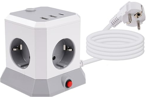 Regleta de 4 enchufes con protección contra sobretensiones, Toma de Corriente múltiple 7 en 1 con 4 enchufes 2 USB y 1 USB-C con Interruptor Cable de 1,8 m 3680 W 16 A
