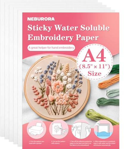 NEBURORA Estabilizador soluble en agua imprimible para bordado (5 unidades, 8,2 x 11,6). Papel adhesivo para bordar, lavable, con respaldo soluble para coser a mano o a máquina