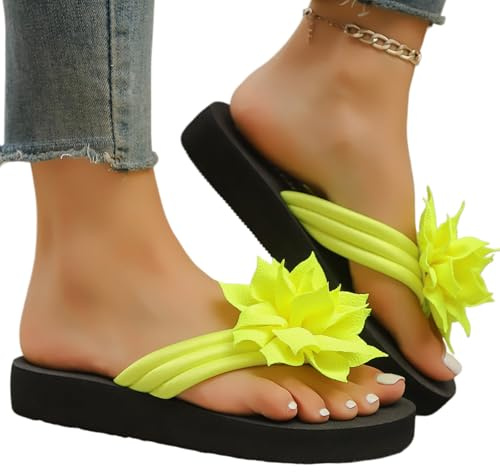 Fryloo Pantofole Donna Floral Cuneo Flip Flops, Stile Di Vacanza Bohemian, Tessuto Antiscivolo Superiore Eva Sole Estate Sandali Da Spiaggia-giallo Limone-45