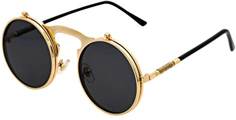 J&L Glasses Retro Flip-Up Round Goggles Steampunk Sunglasses (Golden/Black, Clear)