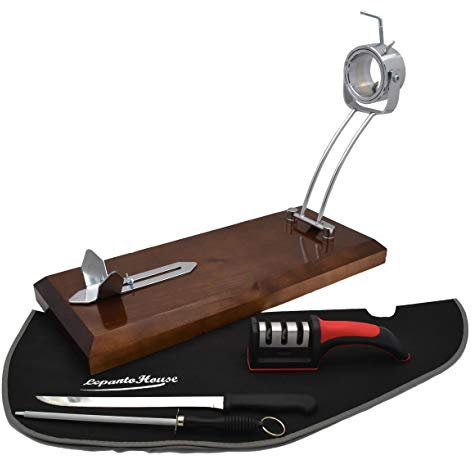 LepantoHouse Schinkenhalter, drehbar, faltbar, mit Schinkenhalterung, Holz, lackiert, dunkles Nussbaumholz, für Schinken, Palette und Geschenk, Messer, Spüler, Schinkenabdeckung, Schwarz