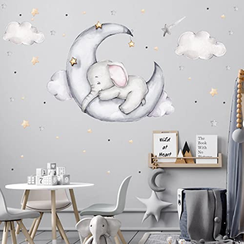WANDKIND Elefant auf dem Mond Wandtattoo V311 | handgezeichnet | AUFKLEBER Kindergarten | Wandsticker Kinderzimmer Elefanten mit Sterne Elephant Halbmond (60 x 60 cm)