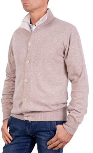 Marenza Giacca Uomo Misto Cashmere Cardigan Bottoni Made in Italy Maglione Seta Pullover Manica Lunga Lana Merino Cachemire Maglioncino Beige Blu Grigio Maglia Regalo Abbigliamento Inverno (L, Beige)